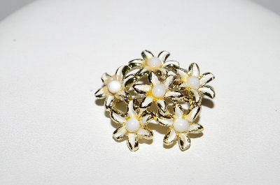 **MBA #E51-256   "Vintage Gold Plated White Enamel & Bead 6 Flower Pin"