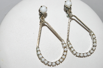 +MBA #E51-016   "Vintage Silvertone White Milk Glass Clip On Earrings"