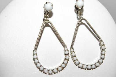 +MBA #E51-016   "Vintage Silvertone White Milk Glass Clip On Earrings"
