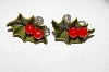 +MBA #E51-007   "Vintage Thermoplastic Holly Leaf & 2 Berry Screw Back Earrings"