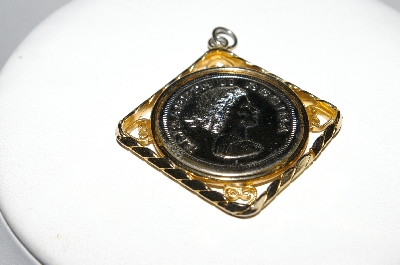 +MBA #E51-149   "Vintage Gold Plated Framed "Elizabeth II Regina Coin" Pendant"