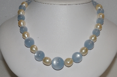+MBA #E54-159   "Vintage Blue Moonstone & Faux Pearl Bead Necklace"