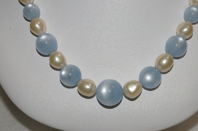 +MBA #E54-159   "Vintage Blue Moonstone & Faux Pearl Bead Necklace"