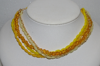 +MBA #E54-117   "Made In Japan 5 Row Yellow Glass Bead & Faux Pearl Necklace"