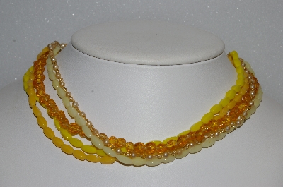 +MBA #E54-117   "Made In Japan 5 Row Yellow Glass Bead & Faux Pearl Necklace"