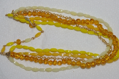 +MBA #E54-117   "Made In Japan 5 Row Yellow Glass Bead & Faux Pearl Necklace"