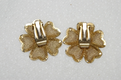 +MBA #E54-222   "Vintage Gold Tone Mesh Flower Clip On Earrings"