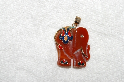 +MBA #E54-074   "Vintage 14K Enameled   Hand Carved Carnelian Elephant Pendant"