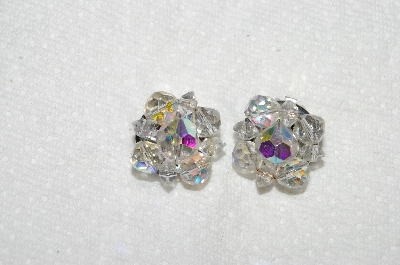 +MBA #E54-068   "Vintage Silvertone AB Crystal Bead Clip On Earrings"