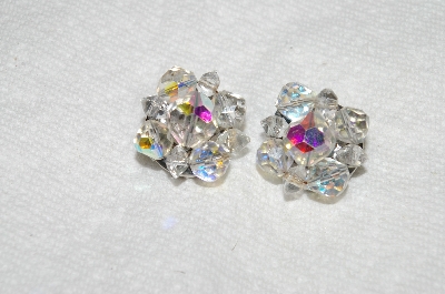+MBA #E54-068   "Vintage Silvertone AB Crystal Bead Clip On Earrings"
