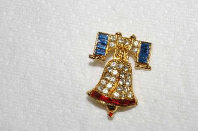 **MBA #E54-226   "Vintage Gold Plated Red,White & Blue Crystal Rhinestone Bell Pin"