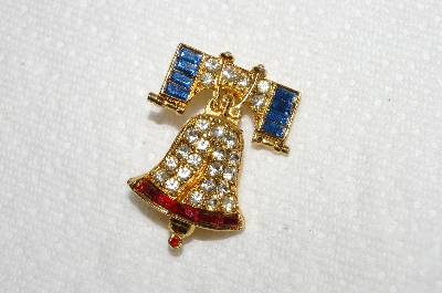 **MBA #E54-226   "Vintage Gold Plated Red,White & Blue Crystal Rhinestone Bell Pin"