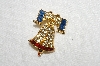 **MBA #E54-226   "Vintage Gold Plated Red,White & Blue Crystal Rhinestone Bell Pin"