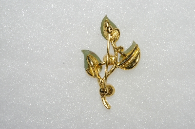 **MBA #E54-235   "Vintage Gold Plated Jade & Faux Glass Pearl Leaf Pin"