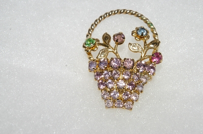 **MBA #E54-261   "Vintage Gold Tone Multi Colored Crystal Rhinestone Flower Basket Pin"