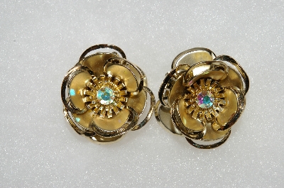 +MBA #E54-265   "Vintage Gold Tone Fancy AB Crystal  Rhinestone Flower Clip On Earrings"
