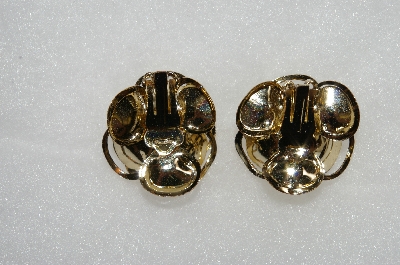 +MBA #E54-265   "Vintage Gold Tone Fancy AB Crystal  Rhinestone Flower Clip On Earrings"