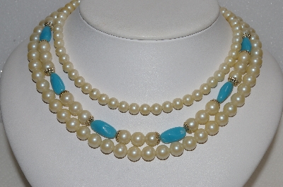 +MBA #E54-152   "Vintage 3 Row Faux Glass Pearl & Blue Glass Bead Necklace" 