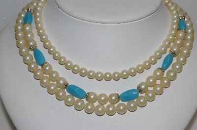 +MBA #E54-152   "Vintage 3 Row Faux Glass Pearl & Blue Glass Bead Necklace" 