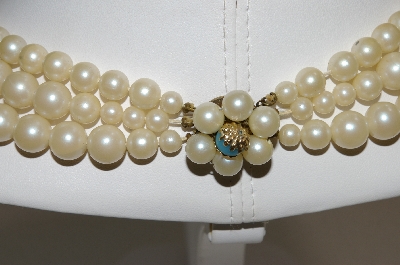 +MBA #E54-152   "Vintage 3 Row Faux Glass Pearl & Blue Glass Bead Necklace" 