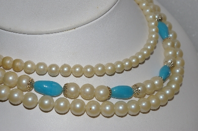 +MBA #E54-152   "Vintage 3 Row Faux Glass Pearl & Blue Glass Bead Necklace" 