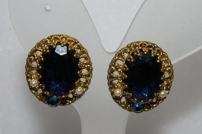 +MBA #E54-051   "Made In West Germay Blue Glass And Faux Pearl Clip On Earrings" 