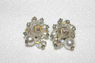+MBA #E54-002   "Vintage AB Crystal, Cracked Glass, Faux Pearl & Clear Rhinestone Clip On Earrings"