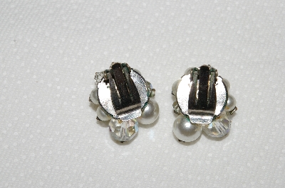 +MBA #E54-002   "Vintage AB Crystal, Cracked Glass, Faux Pearl & Clear Rhinestone Clip On Earrings"