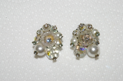 +MBA #E54-002   "Vintage AB Crystal, Cracked Glass, Faux Pearl & Clear Rhinestone Clip On Earrings"