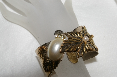 +MBA #E54-019   "Vintage Antiqued Gold Tone Fancy Faux Pearl Hinged Cuff Bracelet"