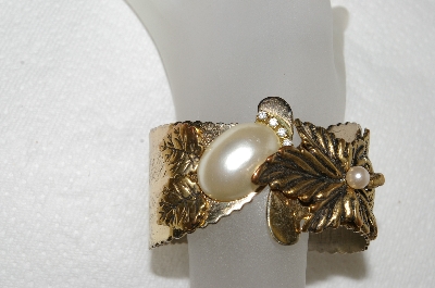 +MBA #E54-019   "Vintage Antiqued Gold Tone Fancy Faux Pearl Hinged Cuff Bracelet"