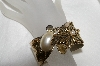 +MBA #E54-019   "Vintage Antiqued Gold Tone Fancy Faux Pearl Hinged Cuff Bracelet"