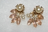 +MBA #E54-290   "Vintage Gold Tone Pink Frosted Glass Stone & Faux Glass Pearl Clip On Earrings"
