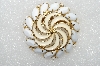 **MBA #E54-029   "Vintage Gold Tone Enameled & White Milk Glass Stone Round Brooch"