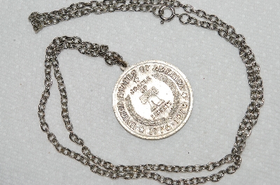 +MBA #E54-079   "Vintage Silvertone 1776 - 1976   "Cradle Of Liberty" Coin Pendant"