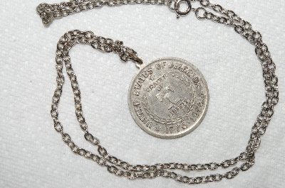 +MBA #E54-079   "Vintage Silvertone 1776 - 1976   "Cradle Of Liberty" Coin Pendant"