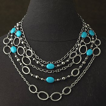+MBA #E55-316   "Satinless Steel 20.5" Turquoise Layered Five Strand Necklace"