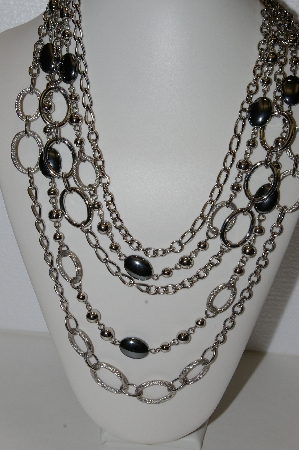 +MBA #E55-316   "Stainless Steel 20.5" Hematite Layered 5 Strand Necklace"