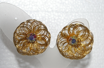 +MBA #E55-257   "SAC Gold Tone Fancy AB Crystal Clip On Earrings"