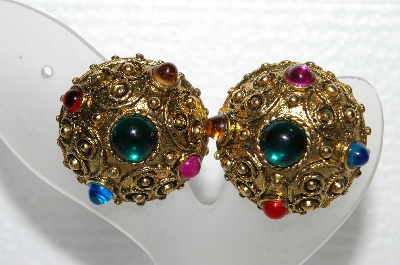 +MBA #E55-055   "Vintage Antiqued Gold Finish Multi Colored Stone Clip On Earrings"
