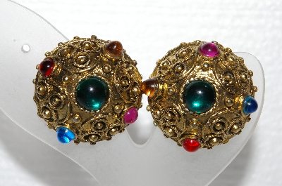 +MBA #E55-055   "Vintage Antiqued Gold Finish Multi Colored Stone Clip On Earrings"