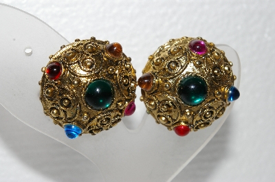 +MBA #E55-055   "Vintage Antiqued Gold Finish Multi Colored Stone Clip On Earrings"