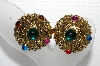 +MBA #E55-055   "Vintage Antiqued Gold Finish Multi Colored Stone Clip On Earrings"