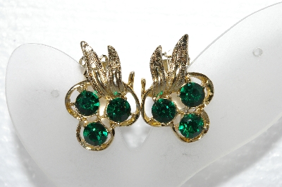 +MBA #E55-007   "Vintage Gold Tone Fancy Green Rhinestone Clip On Earrings"