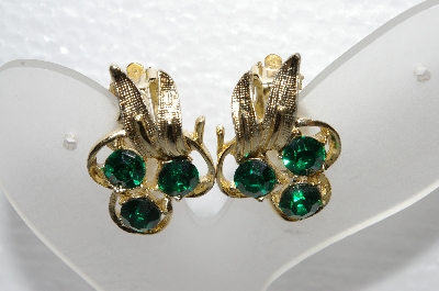 +MBA #E55-007   "Vintage Gold Tone Fancy Green Rhinestone Clip On Earrings"