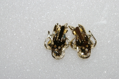 +MBA #E55-007   "Vintage Gold Tone Fancy Green Rhinestone Clip On Earrings"
