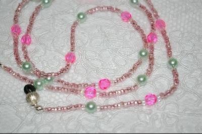 +MBA #6449  "Pale Green Glass Perals & Bright Pink Glass Beads