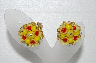+MBA #E55-251   "Vintage Yellow & Orange Bead Thermoplastic Flower Clip On Earrings"