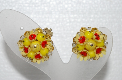 +MBA #E55-251   "Vintage Yellow & Orange Bead Thermoplastic Flower Clip On Earrings"