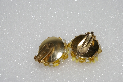 +MBA #E55-251   "Vintage Yellow & Orange Bead Thermoplastic Flower Clip On Earrings"